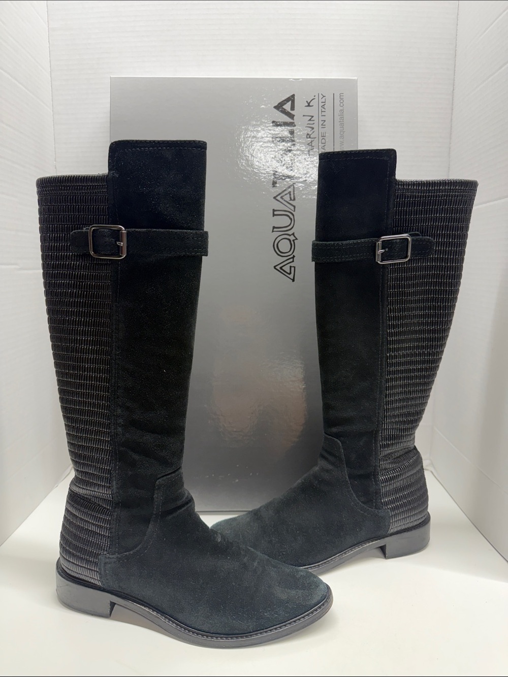 Aquatalia Gael Boots Waterproof Tall Riding Suede Side Zip Stretch Black Size 7